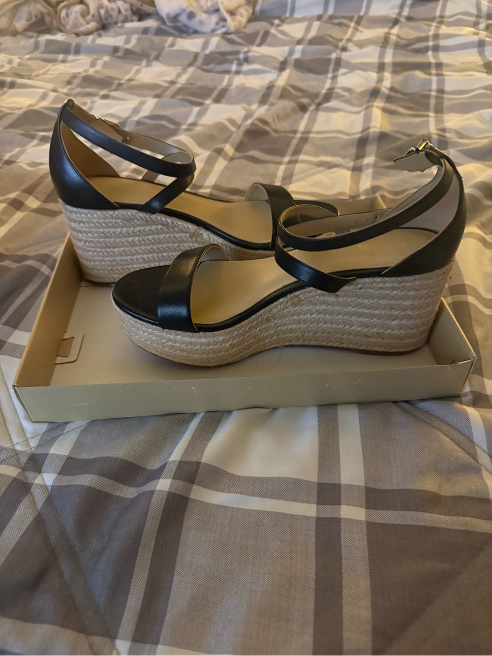 Michael Kors Black Leather Espadrille Wedge Sandals with Ankle Strap